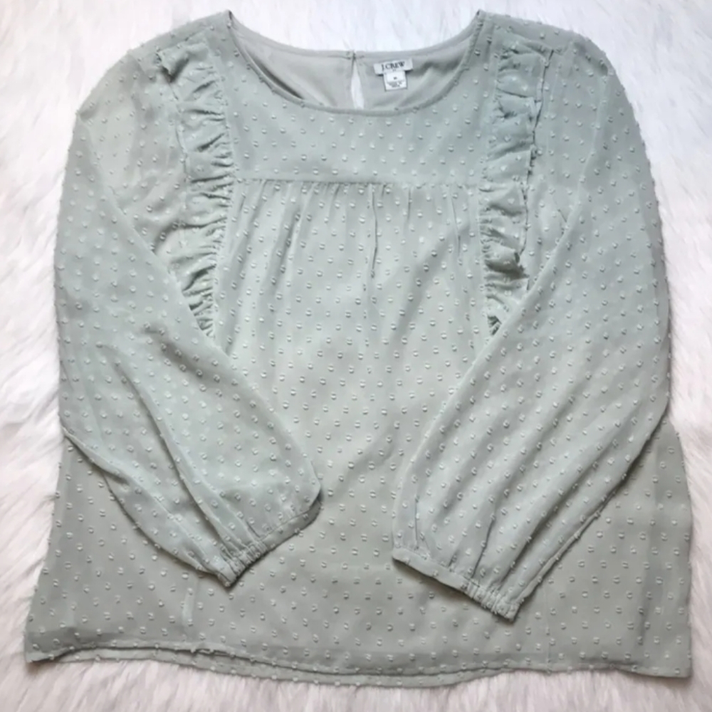 J.Crew Women’s Gray Front Ruffle Clip Dot Design Blouse size 8
